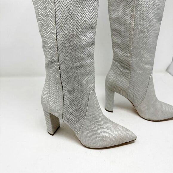 Y2k Silver Croc Embossed Leather Heeled Boots Size 6 Knee High Paige - Picture 2 of 8
